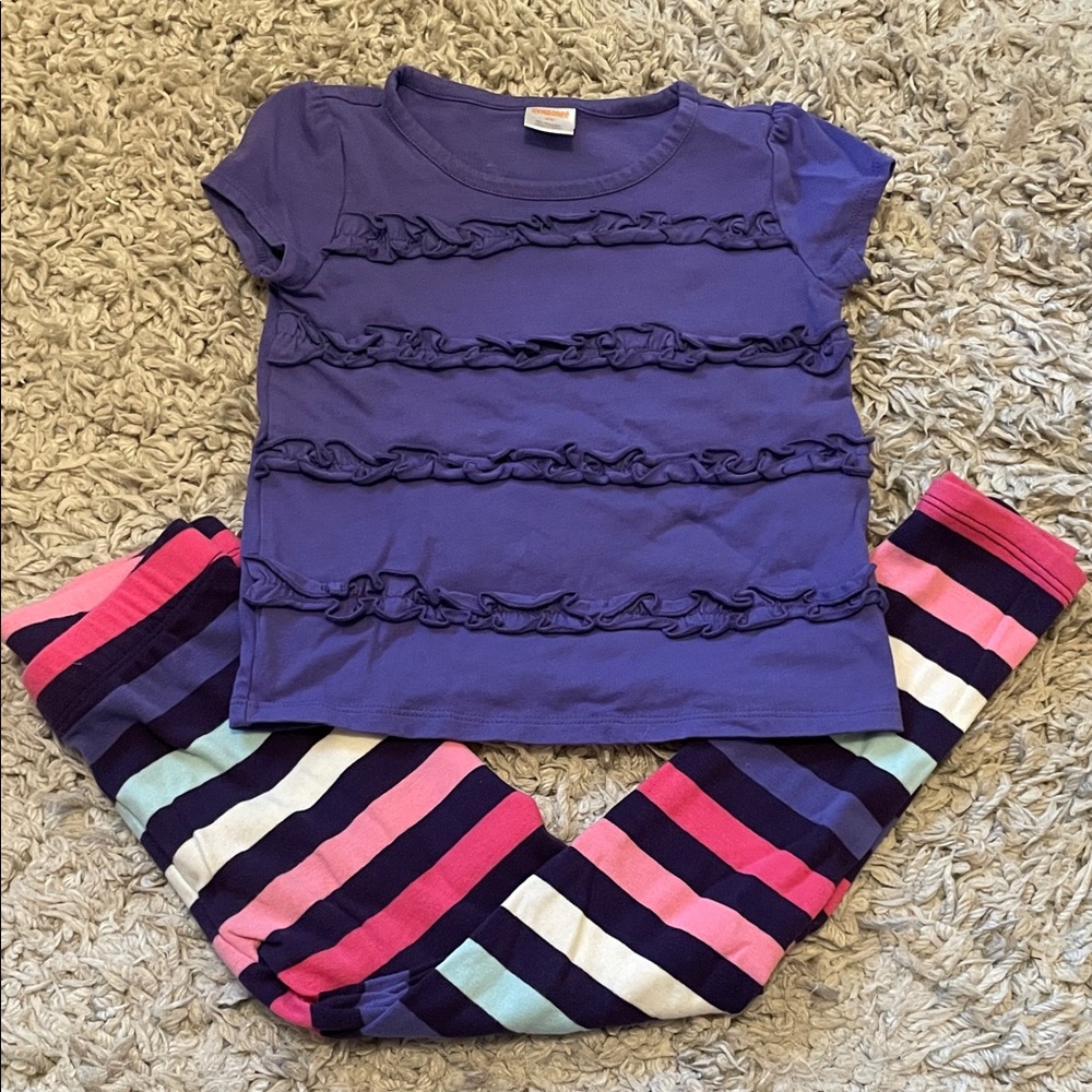 2021 Gymboree “Hello Dino” Ruffle Shirt & Striped Leggings Outfit, Size 5T